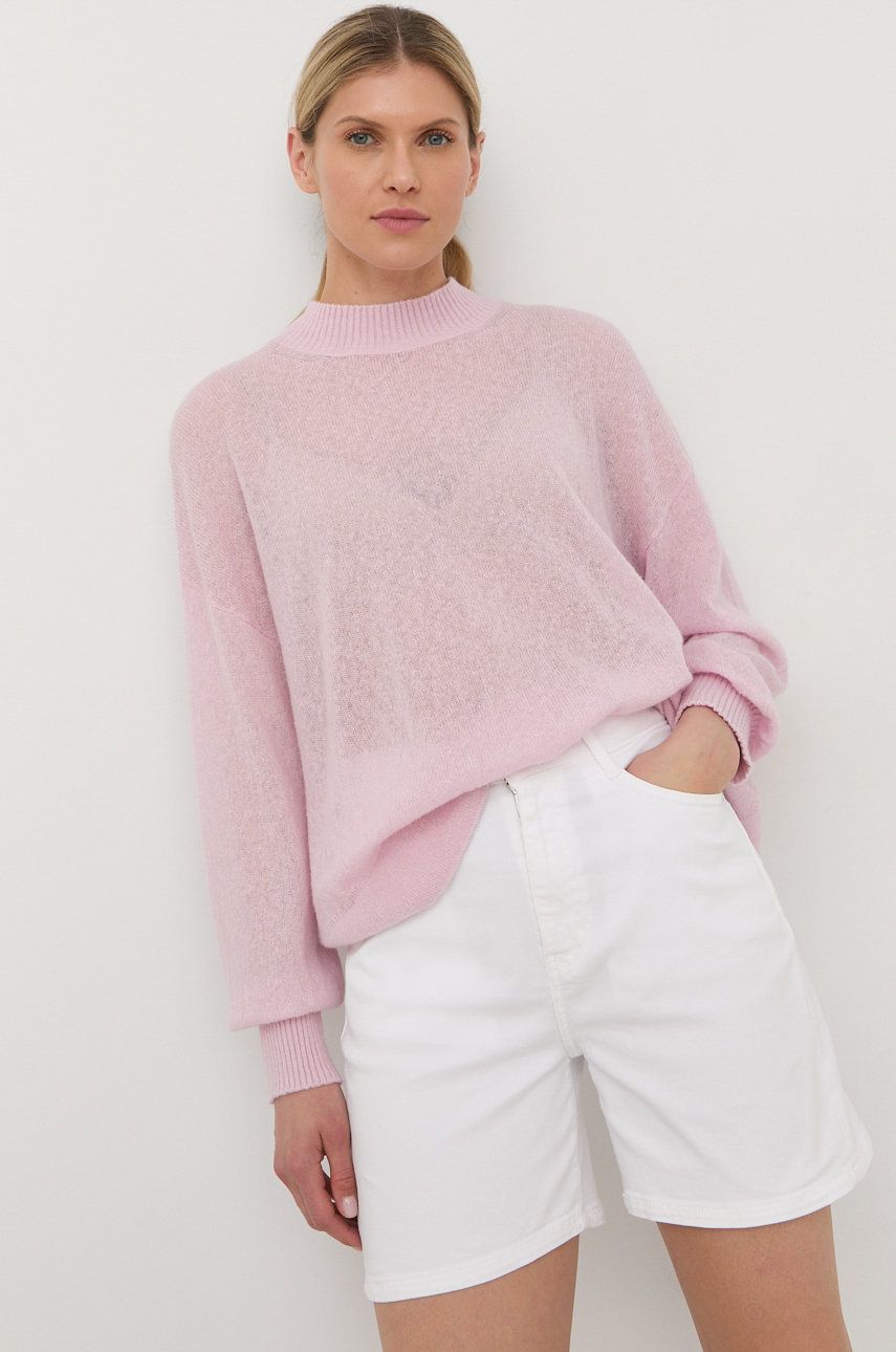BOSS sweter z domieszką wełny damski kolor różowy lekki