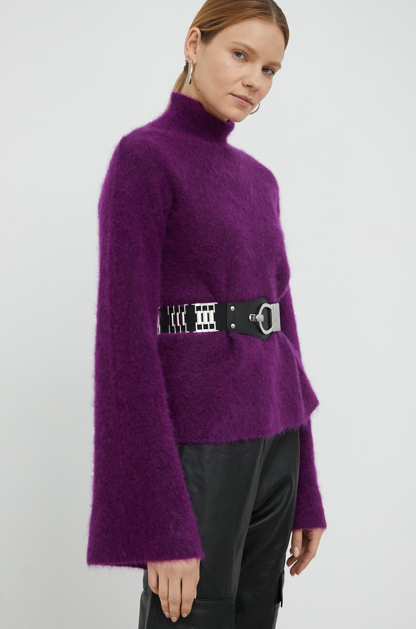 Gestuz pulover de lana manda femei, culoarea violet, light, cu guler