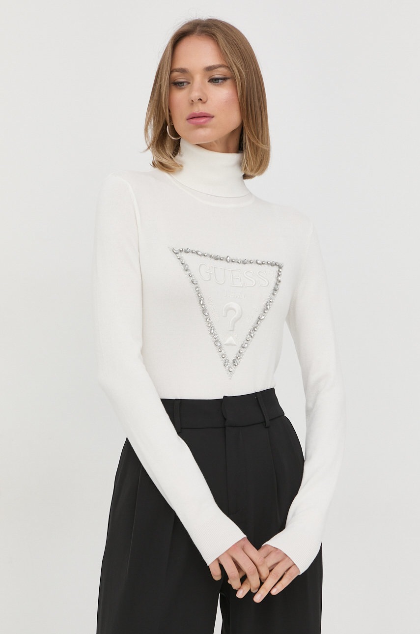 

Пуловер Guess дамски в бежово от лека материя с поло, Бежов