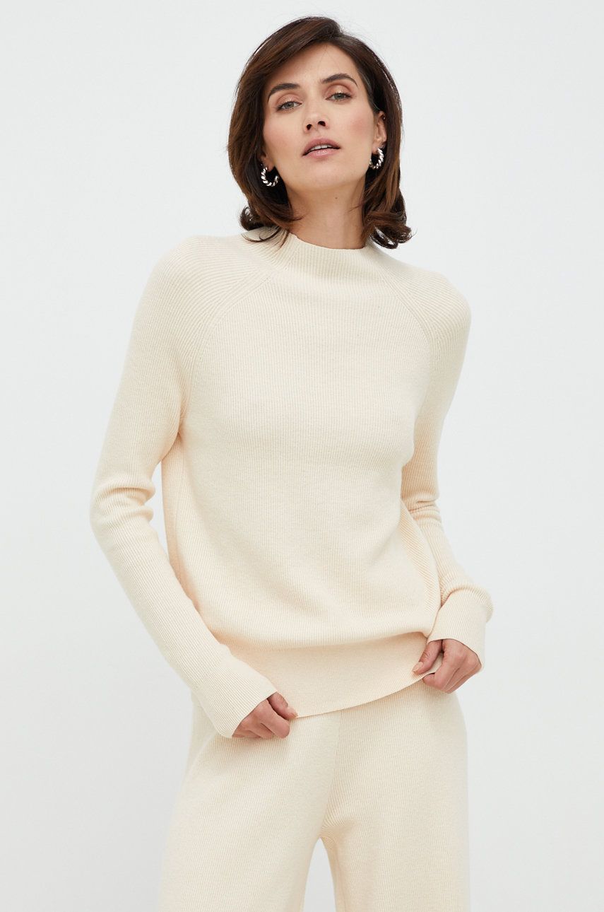 Calvin Klein sweter z domieszką wełny damski kolor beżowy z półgolfem
