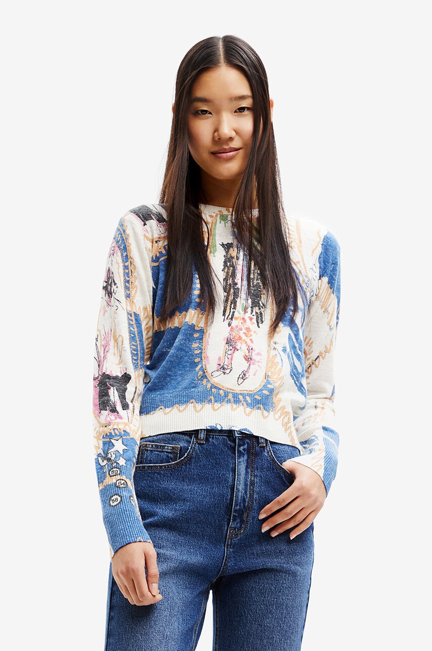 Desigual pulover din amestec de in femei, culoarea alb, light