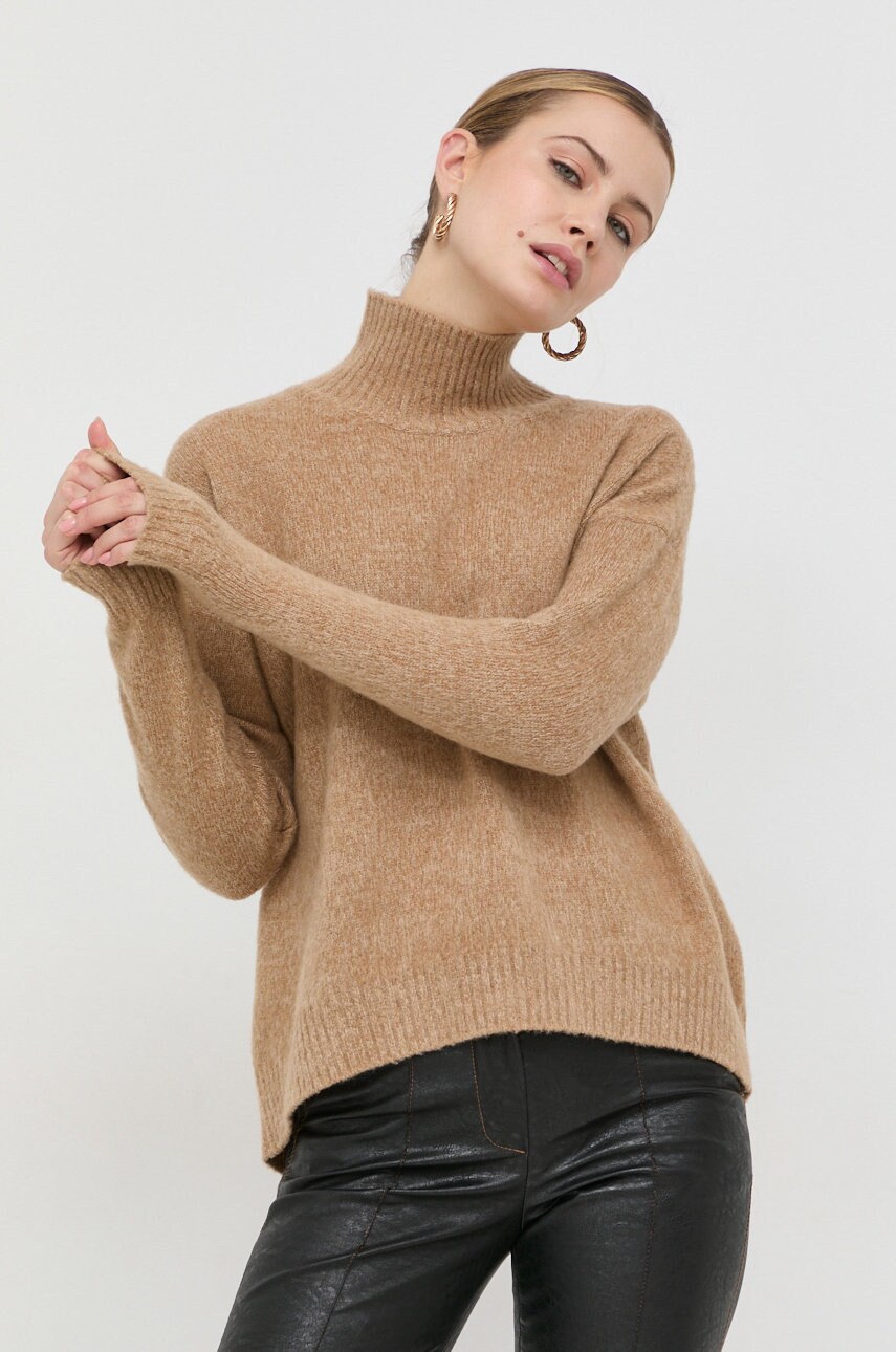 Max mara leisure pulover de lana femei, culoarea maro, light, cu turtleneck