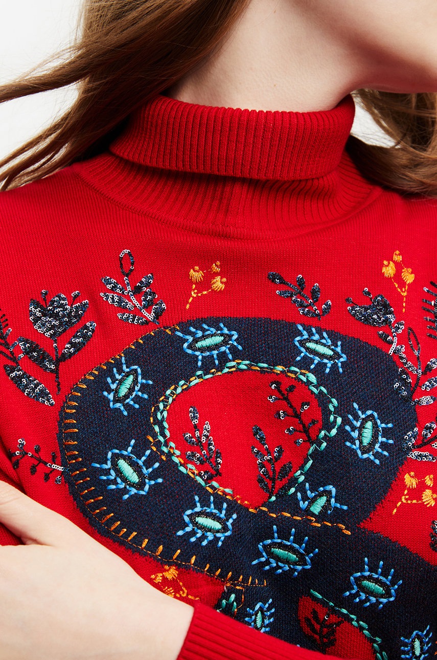 

Свитер с примесью шерсти Desigual женский цвет красный лёгкий с гольфом