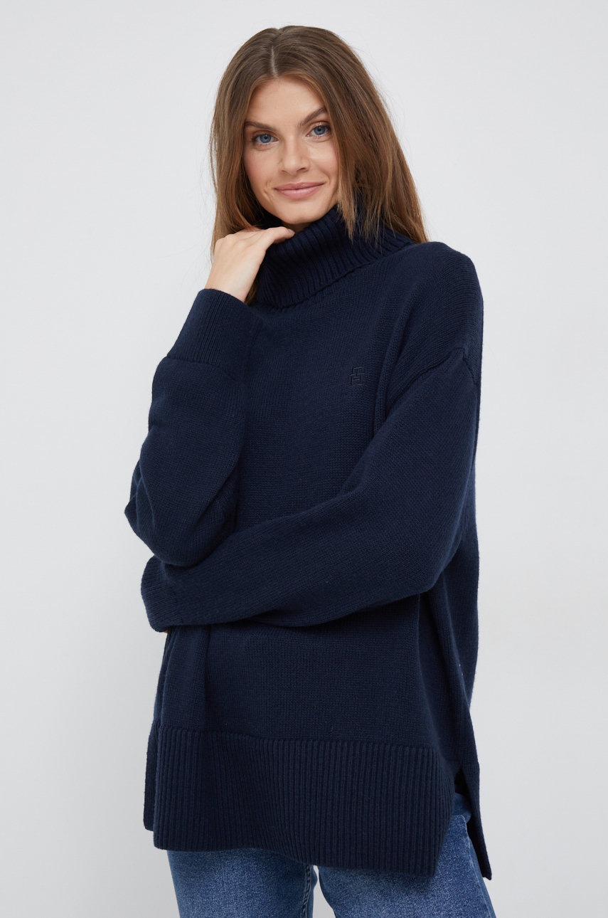 

Пуловер с вълна Tommy Hilfiger дамски в тъмносиньо с поло, Тъмносин