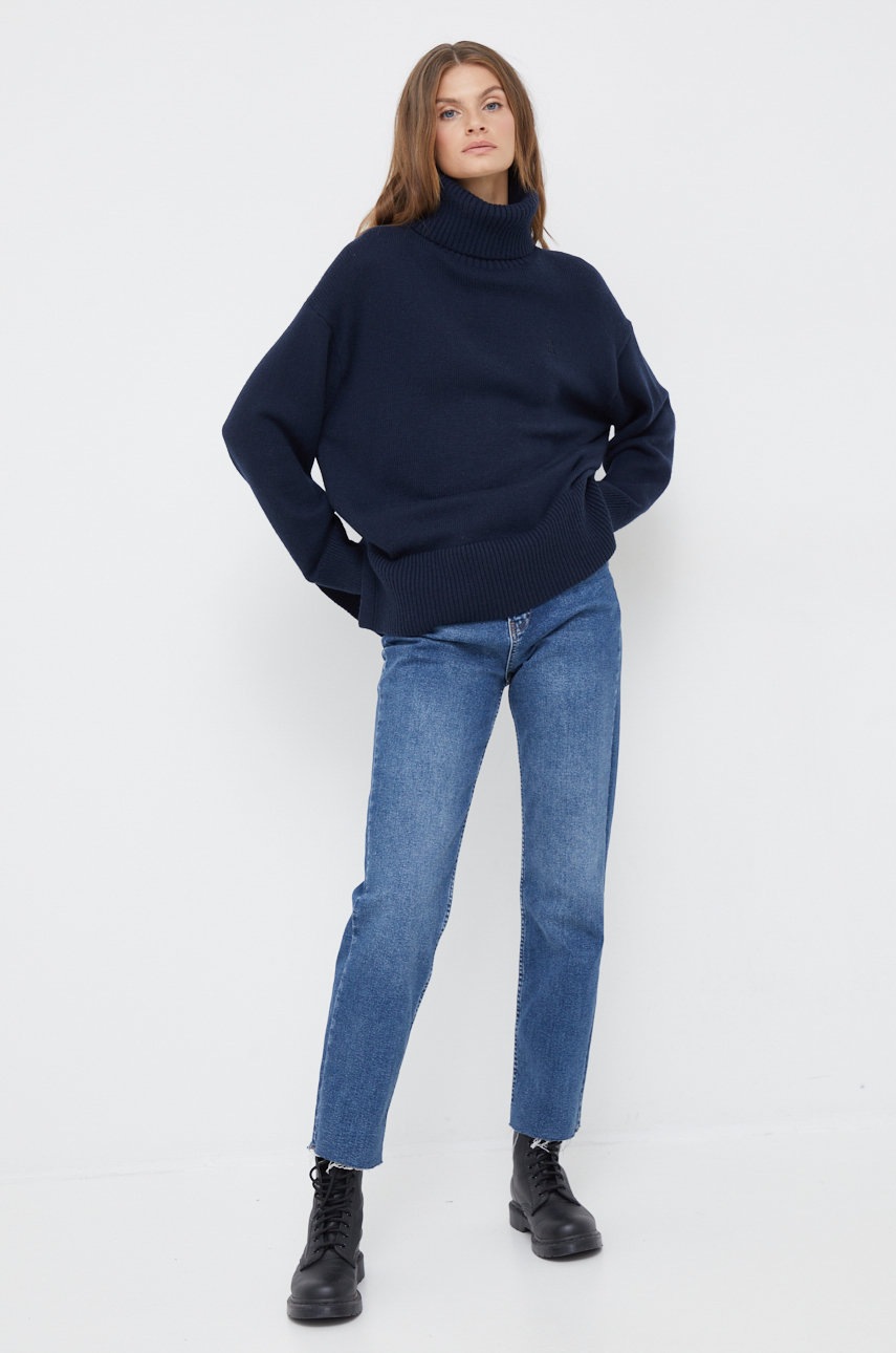 

Свитер с примесью шерсти Tommy Hilfiger женский цвет синий с гольфом