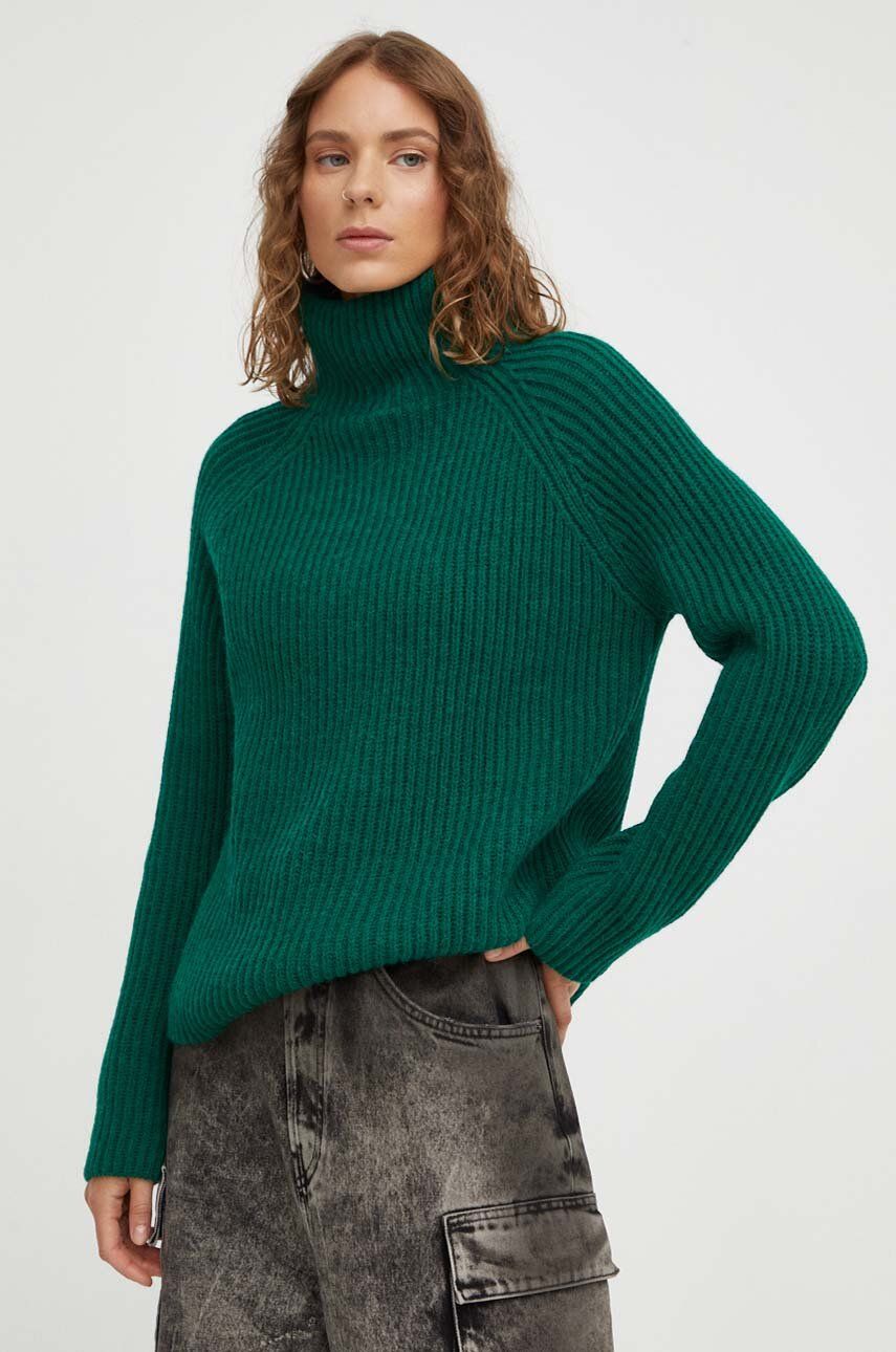 Drykorn pulover de lana femei, culoarea verde, călduros, cu guler