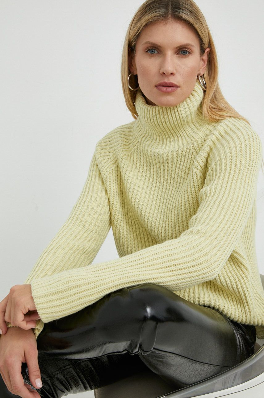 Drykorn pulover de lana femei, culoarea galben, călduros, cu guler