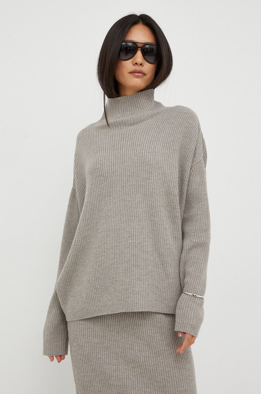 Drykorn sweter wełniany damski kolor szary lekki z golfem