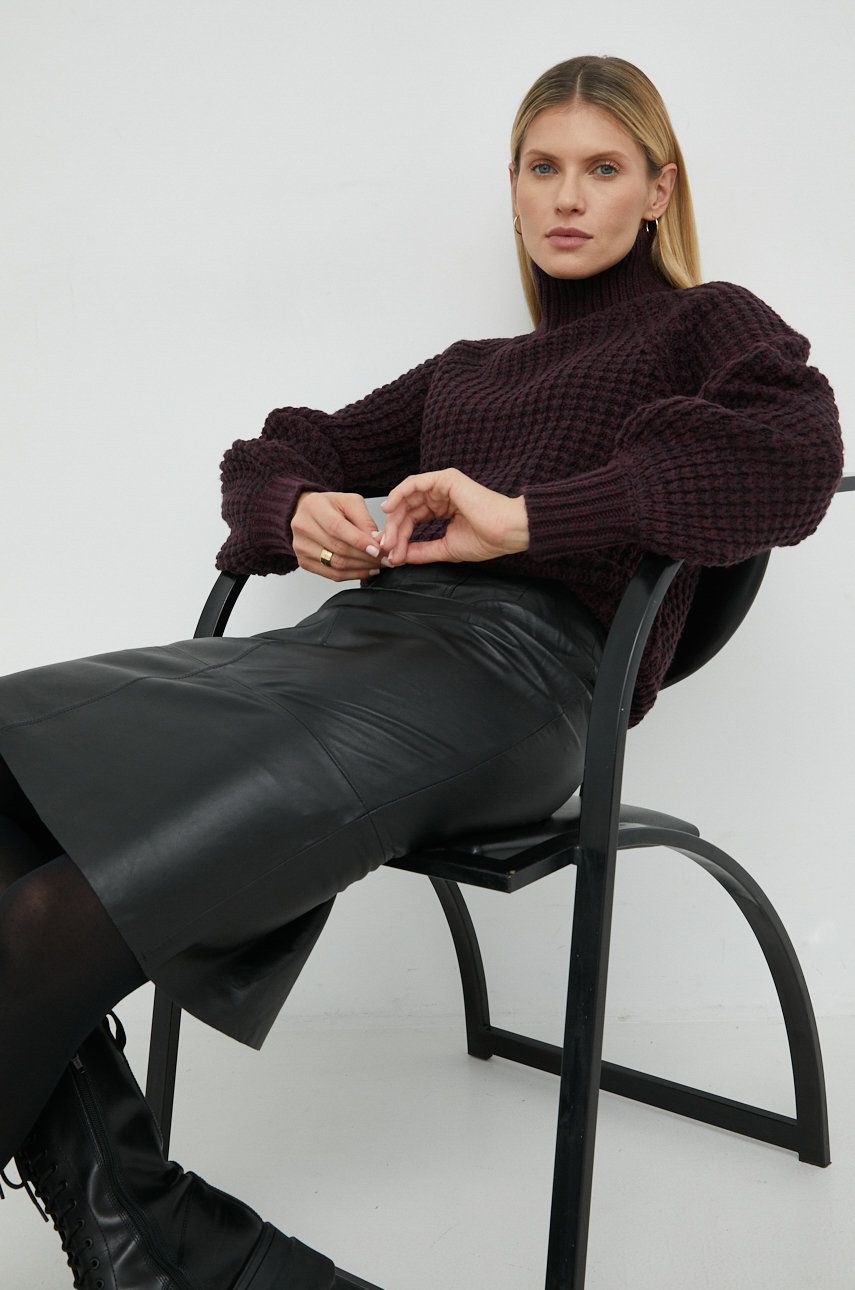 Bruuns Bazaar pulover din amestec de lana Sedum Mynte femei, culoarea bordo, călduros, cu guler answear.ro