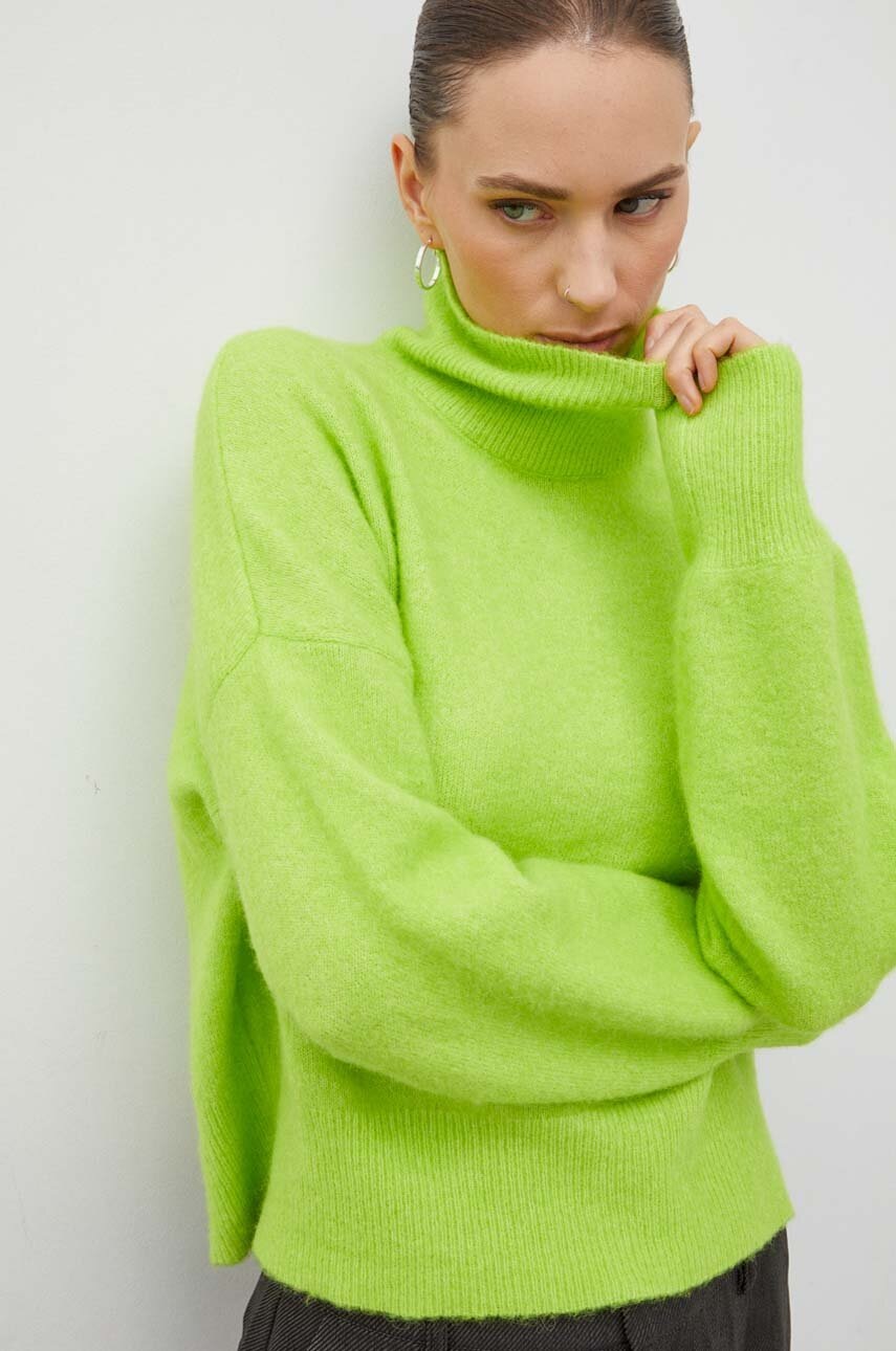 Samsoe Samsoe pulover de lână femei, culoarea verde, light, cu turtleneck