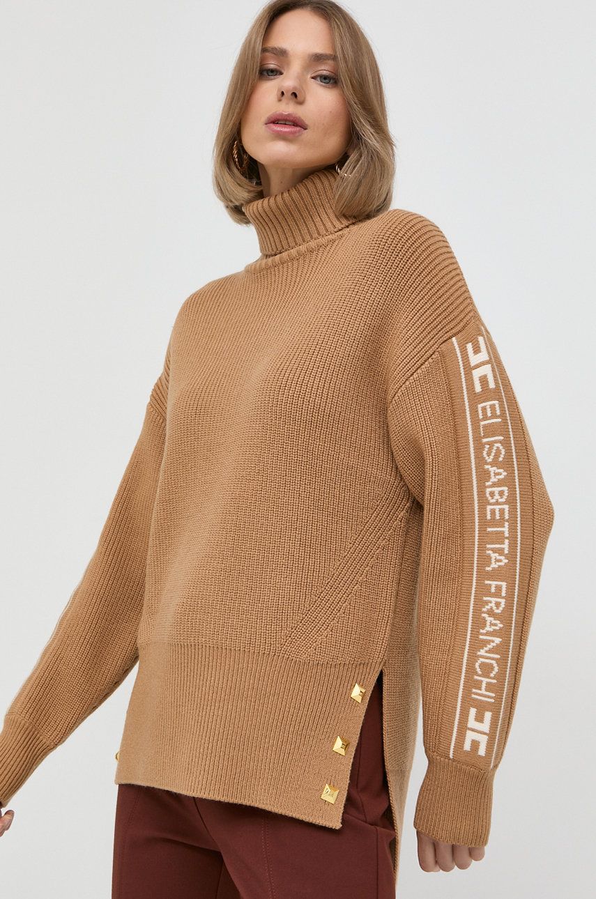 Elisabetta Franchi sweter z domieszką wełny damski kolor beżowy ciepły z golfem
