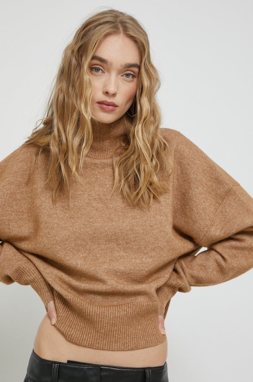 HUGO sweter wełniany damski kolor brązowy z golfem