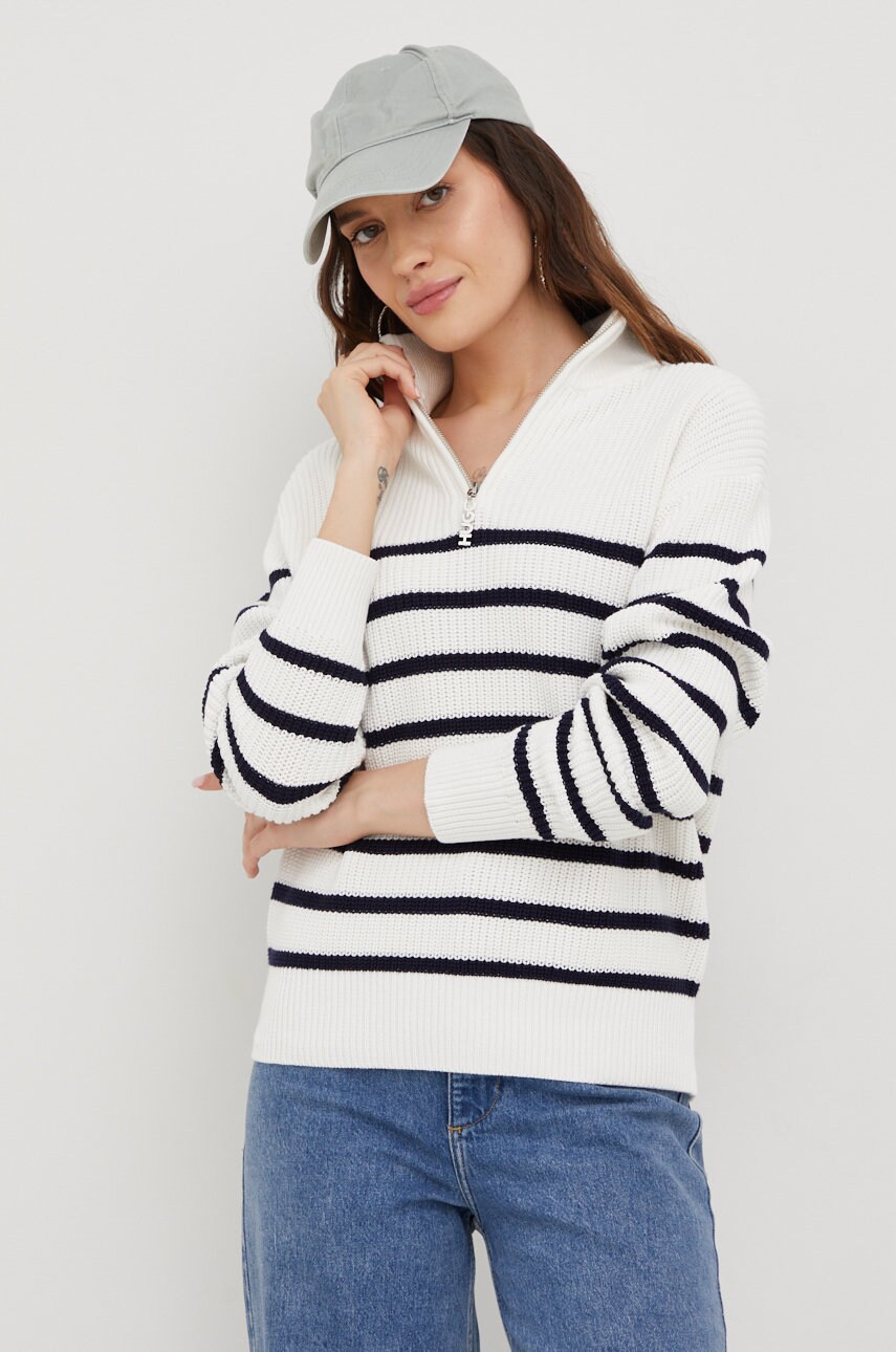 Hugo pulover de bumbac femei, culoarea alb, cu turtleneck