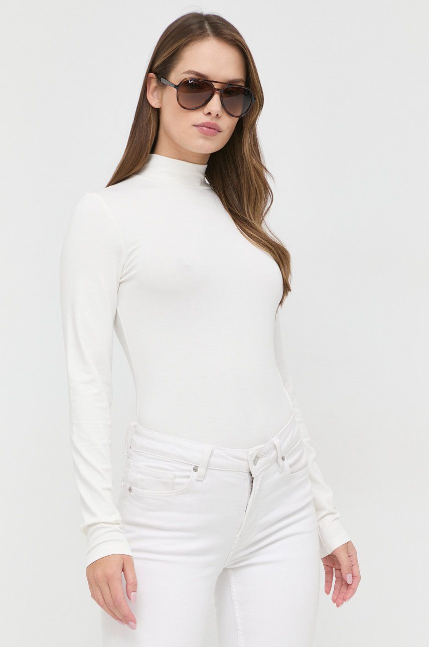Tričko s dlouhým rukávem BOSS bílá barva, s pologolfem - béžová - 73 % Modal