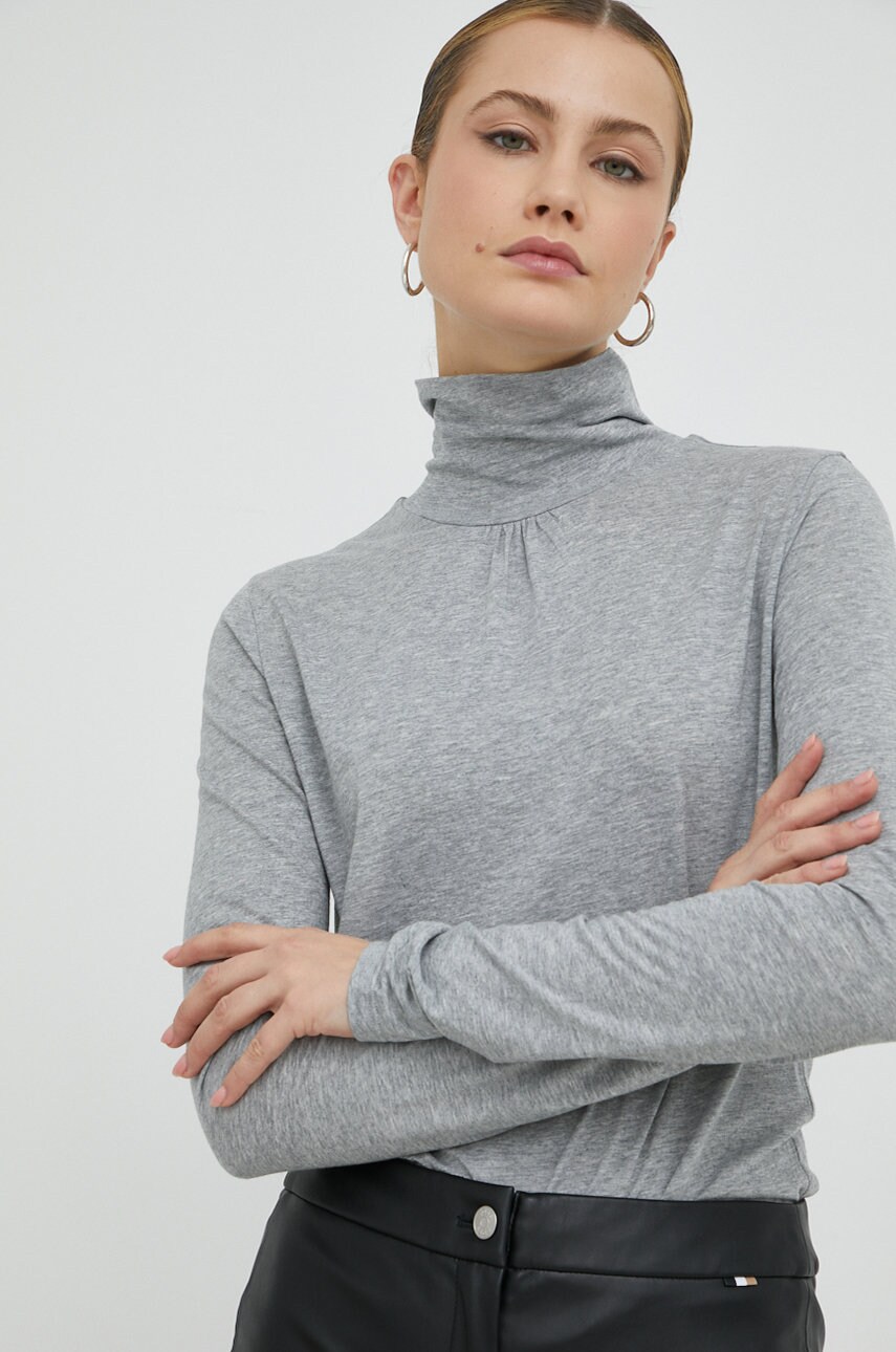 Boss longsleeve femei, culoarea gri, cu turtleneck
