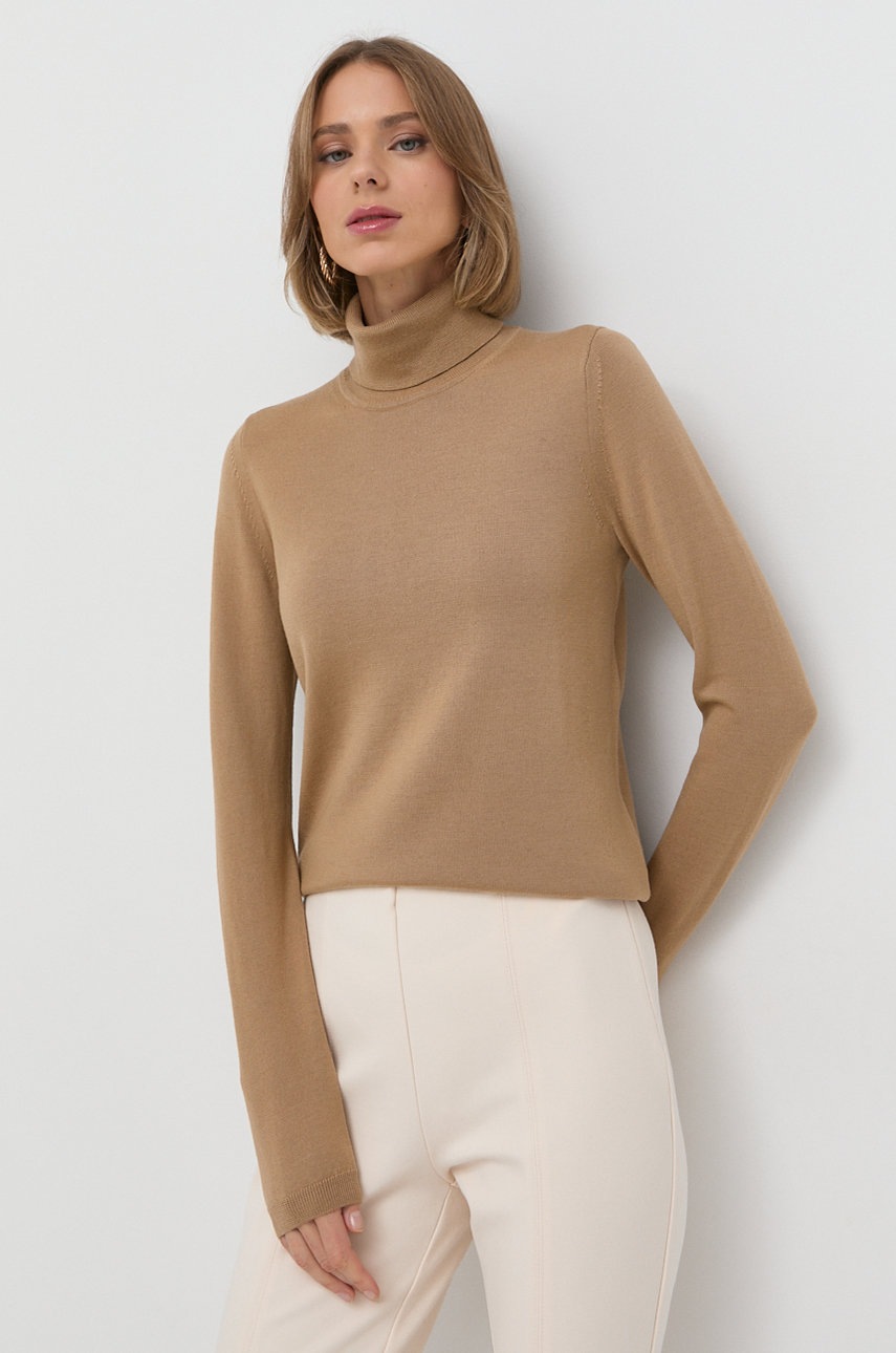 

Вълнен пуловер BOSS дамски в бежово от лека материя с поло, Бежов