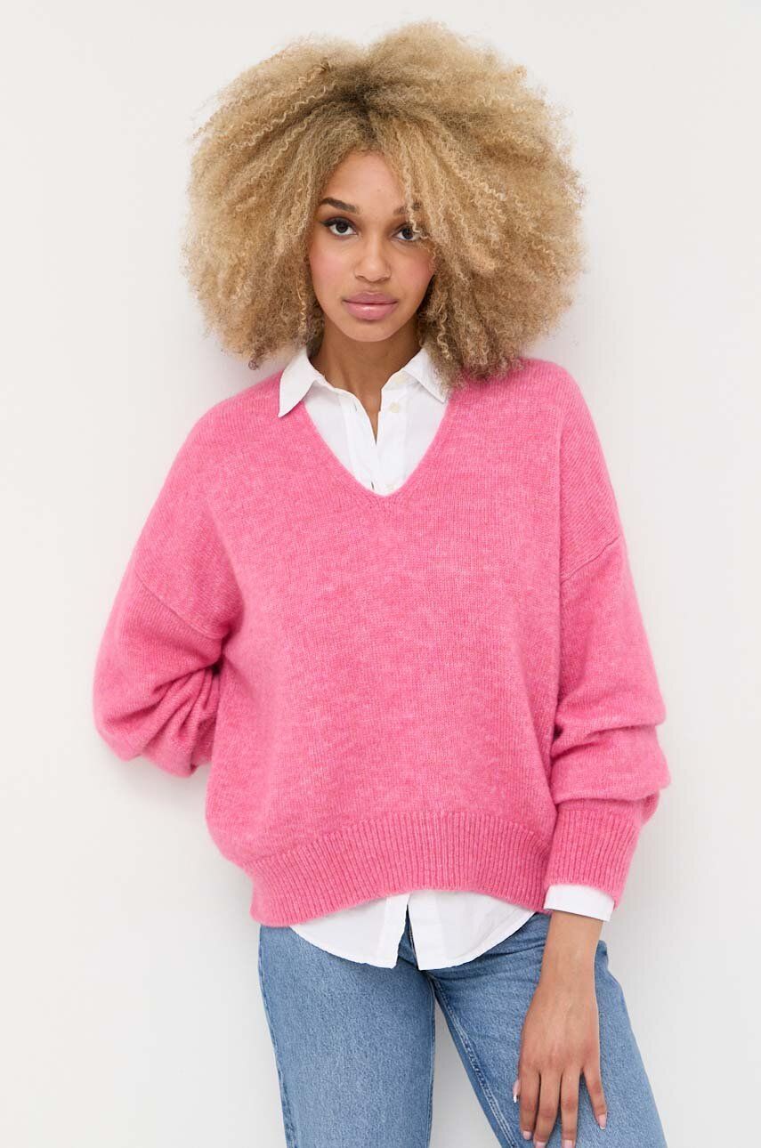 Vlněný svetr BOSS dámský, růžová barva, hřejivý - růžová -  44 % Polyamid