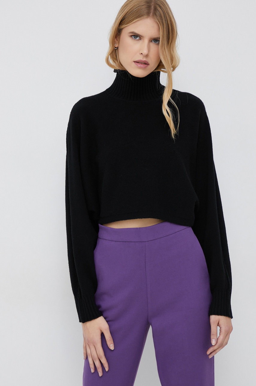 Sisley pulover de lana femei, culoarea negru, călduros, cu guler