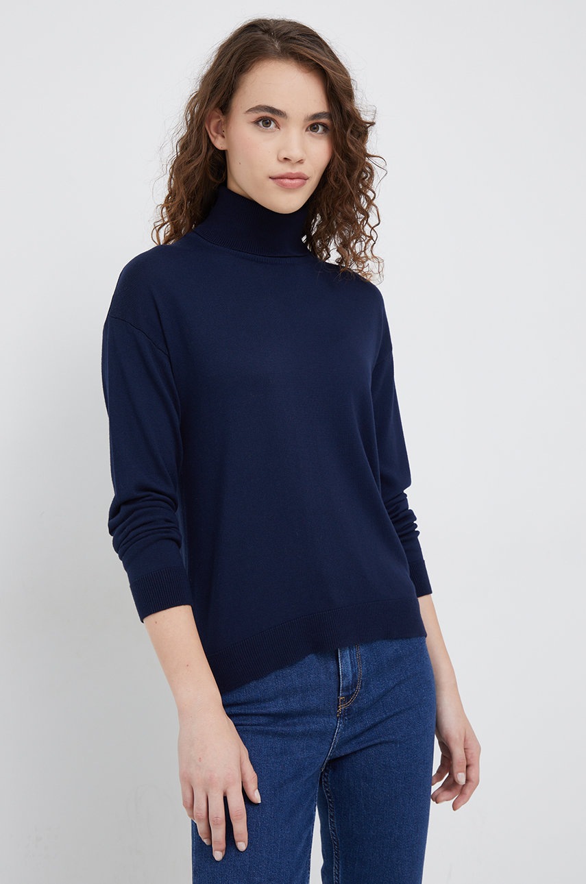 

Пуловер United Colors of Benetton дамски в тъмносиньо от лека материя с поло, Тъмносин