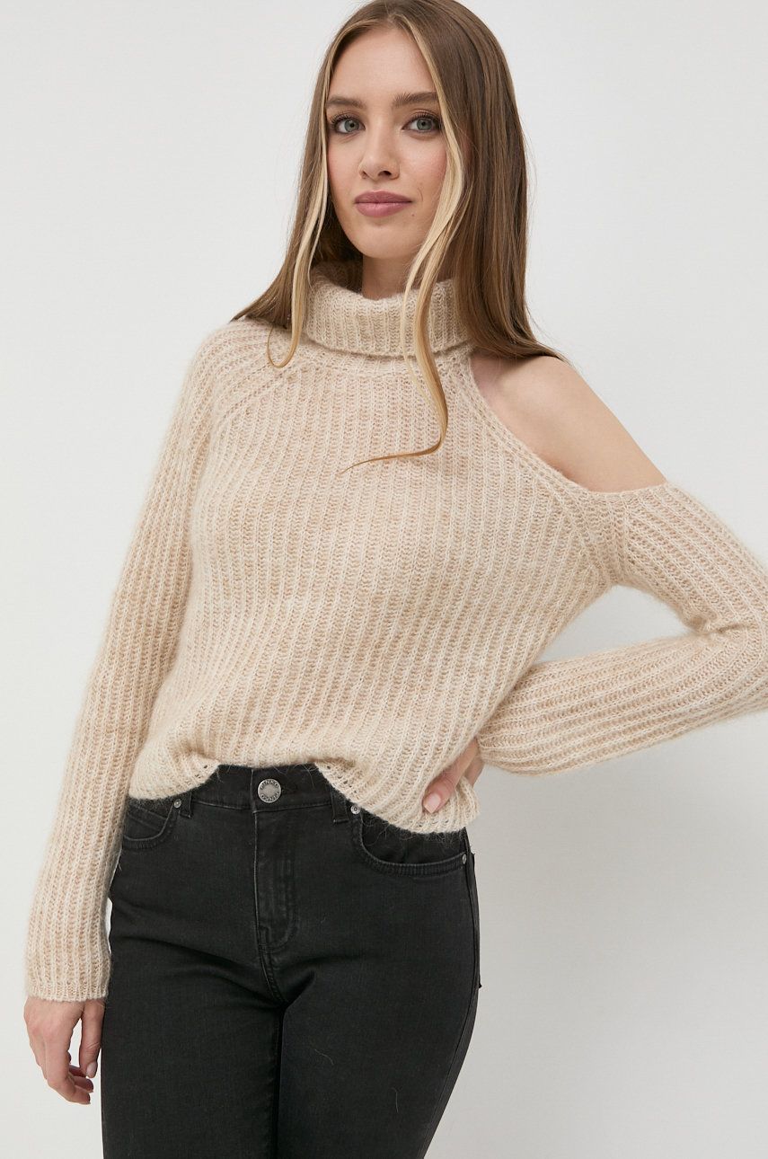 Pinko sweter z domieszką wełny damski kolor beżowy z półgolfem