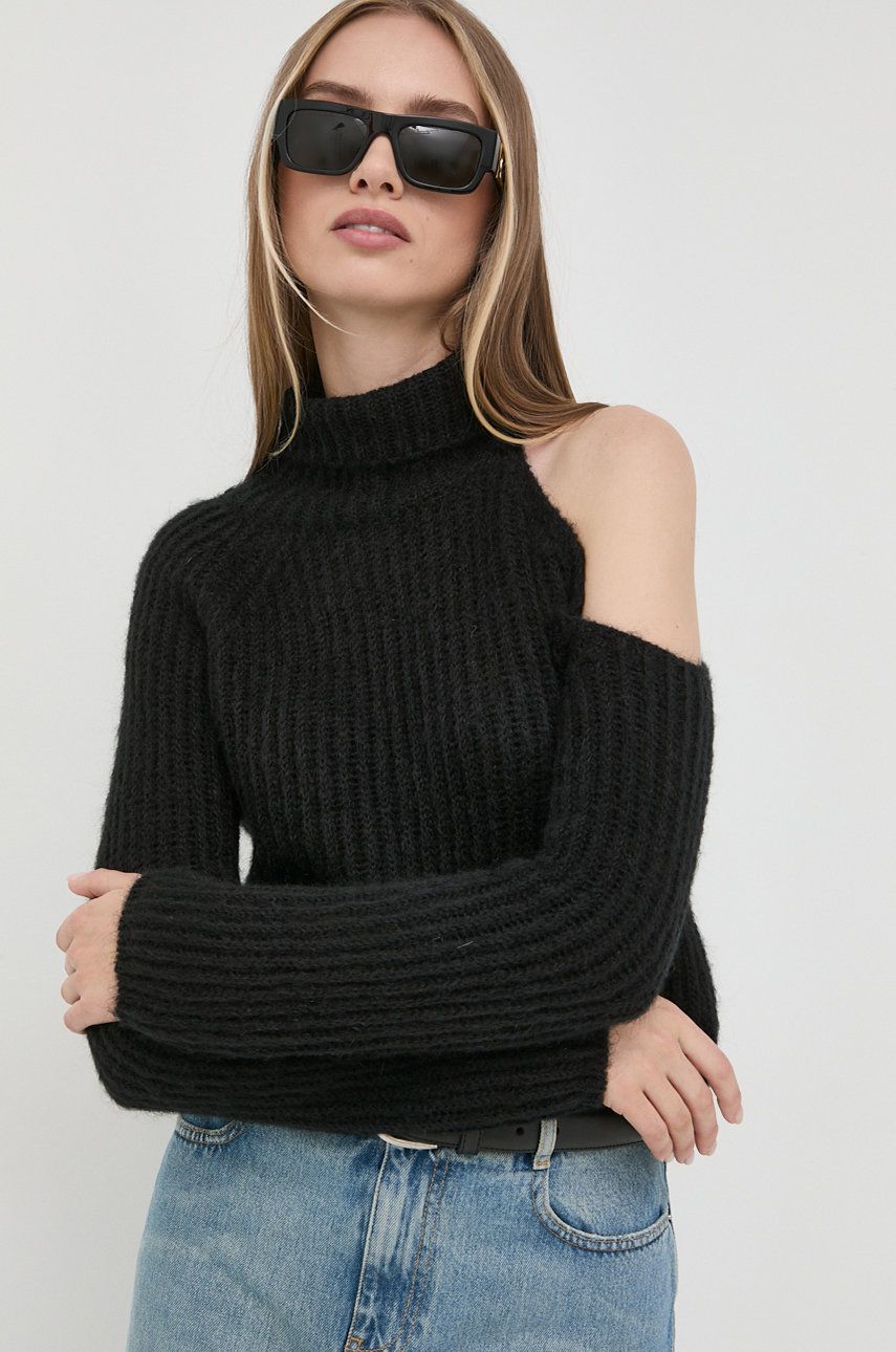 Pinko sweter z domieszką wełny damski kolor czarny z półgolfem