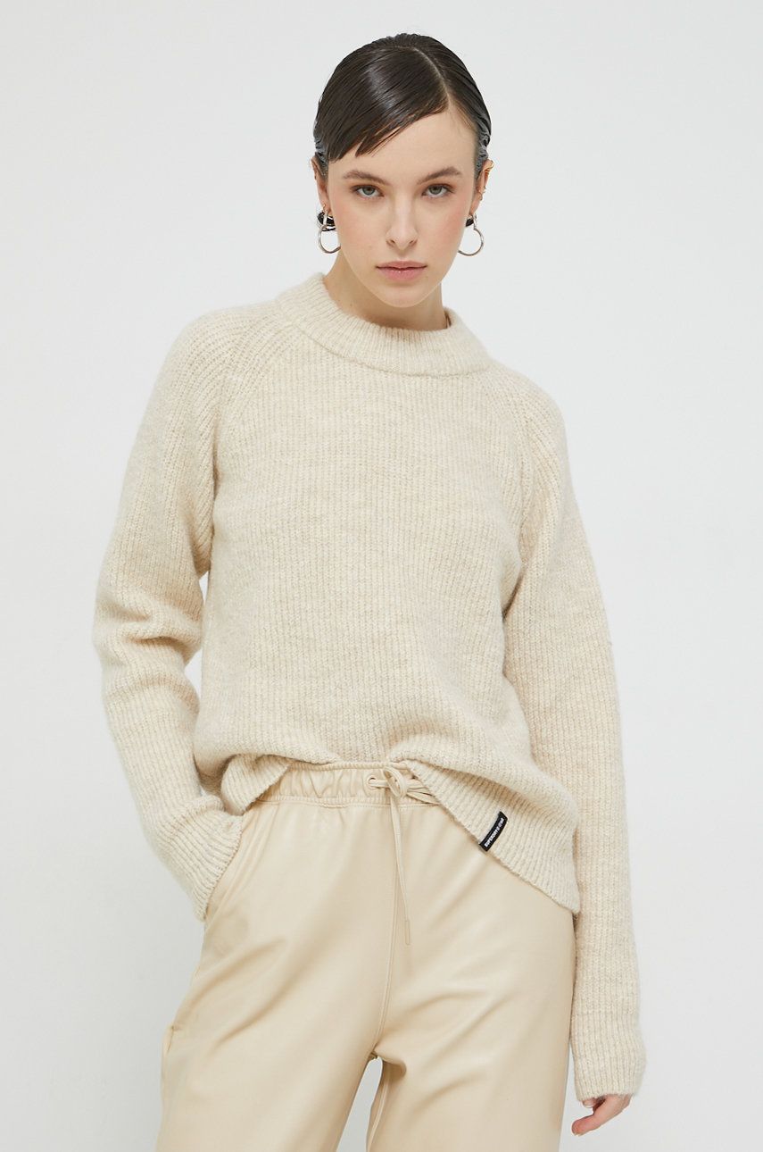 Superdry pulover din amestec de lana femei, culoarea bej, cu turtleneck