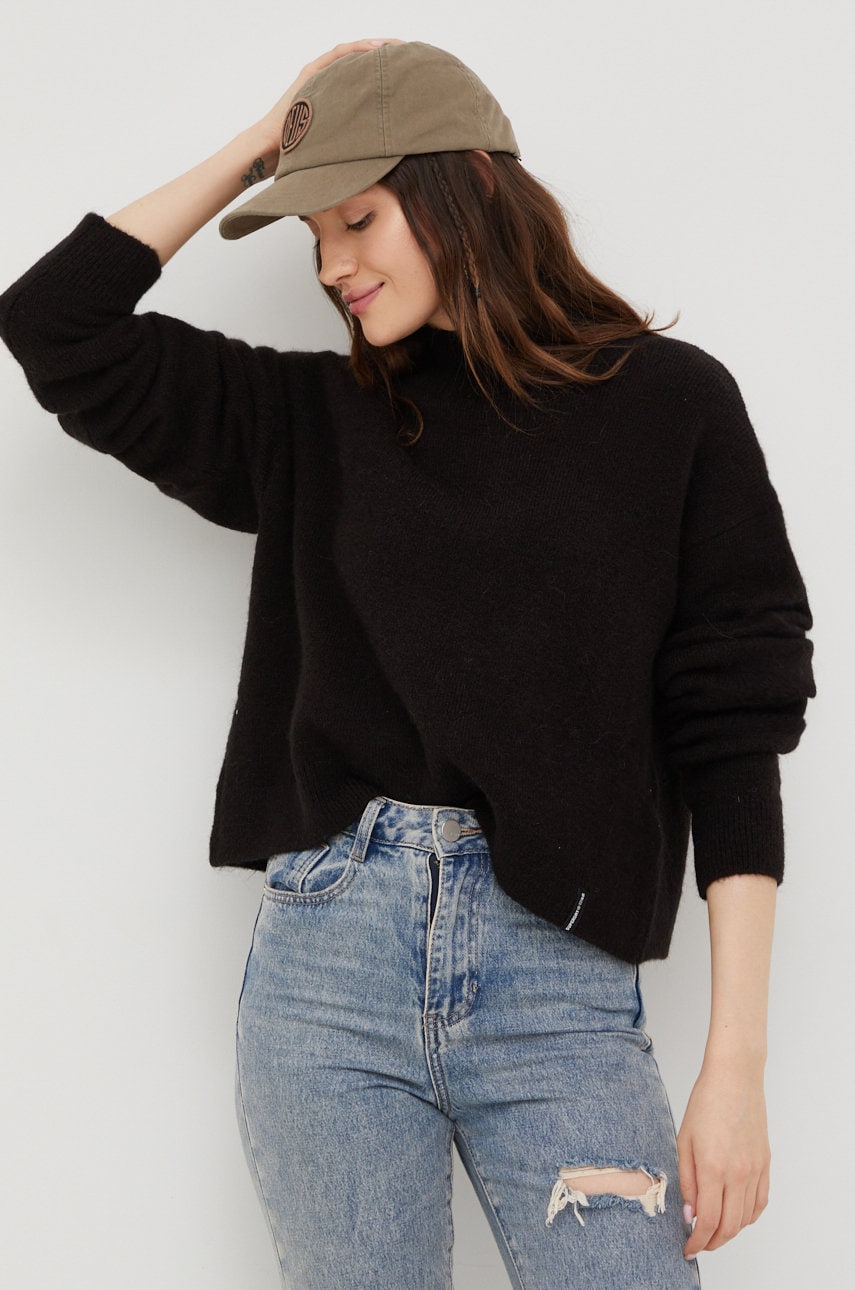 Superdry pulover din amestec de lana femei, culoarea negru, light, cu turtleneck