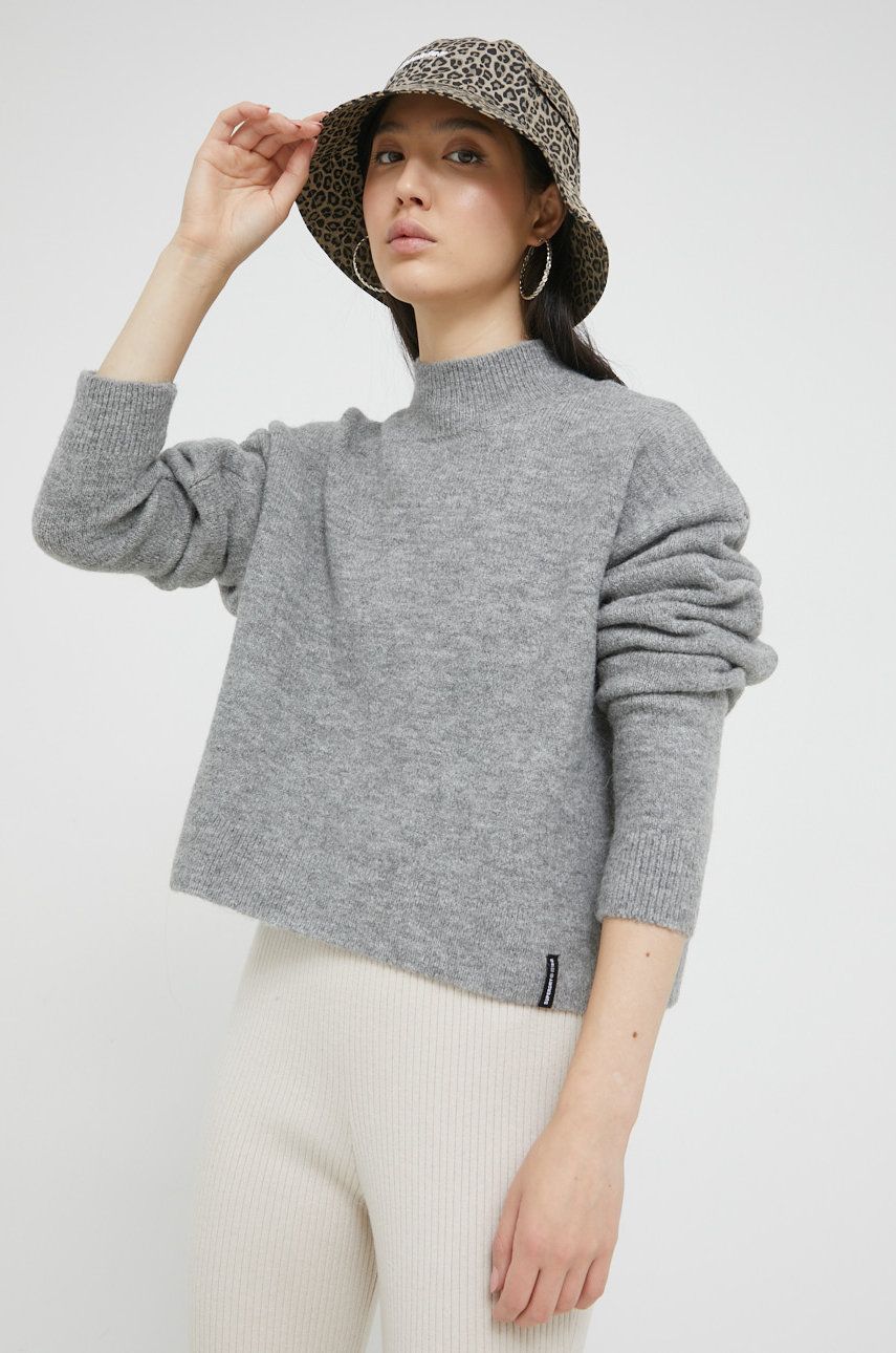 Superdry pulover femei, culoarea gri, cu turtleneck