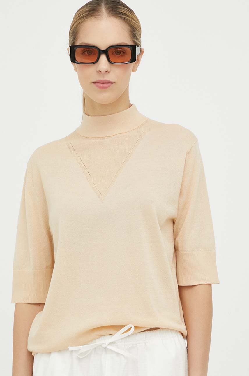 G-Star pulover de bumbac femei, culoarea bej, light, cu guler