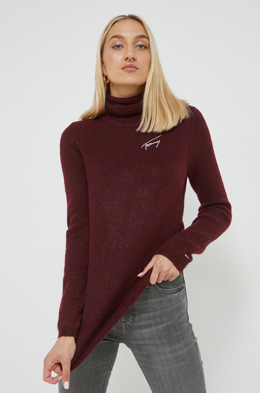 Tommy jeans pulover femei, culoarea bordo, light, cu guler
