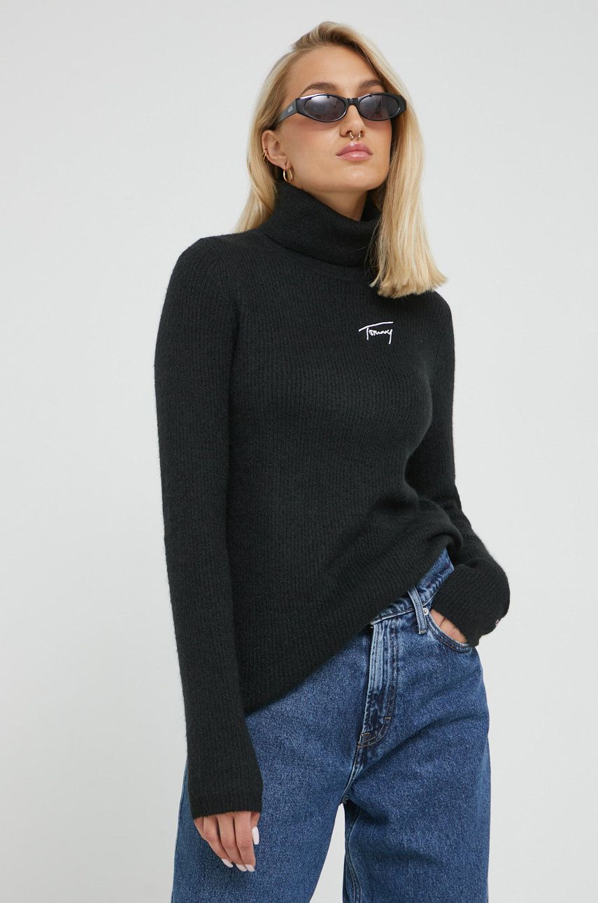 Tommy Jeans pulover femei, culoarea negru, light, cu guler