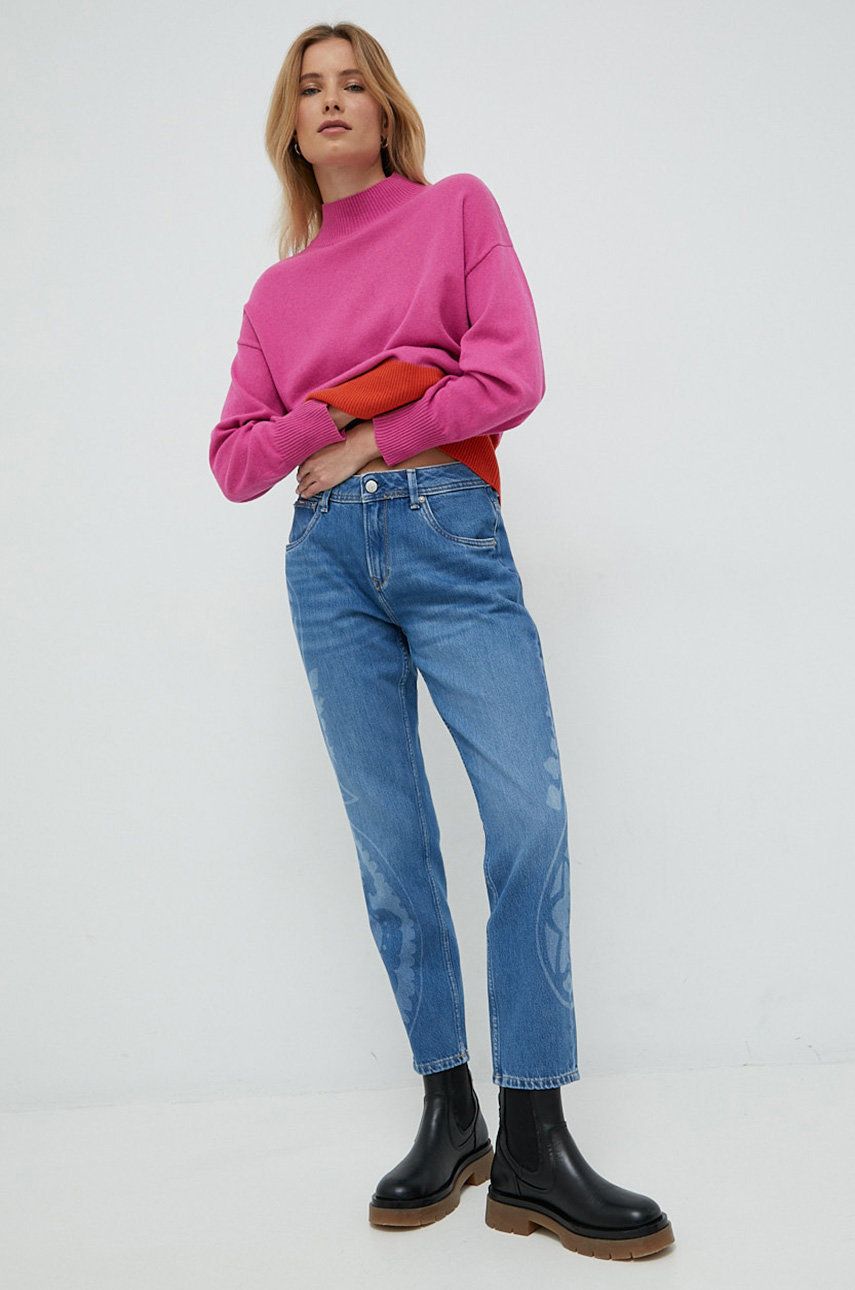 United Colors of Benetton pulover femei, culoarea roz, light, cu turtleneck answear.ro