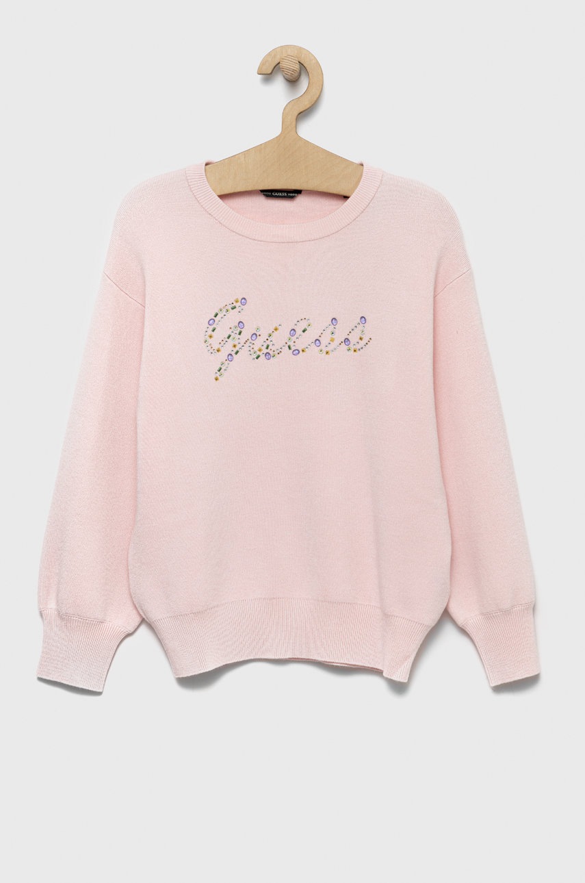 

Детски пуловер Guess в розово от лека материя, Розов