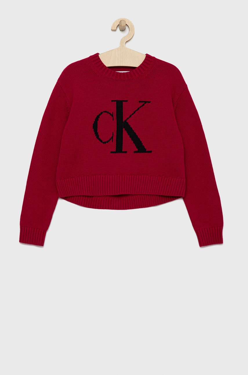 

Детски памучен пуловер Calvin Klein Jeans в розово от лека материя, Розов