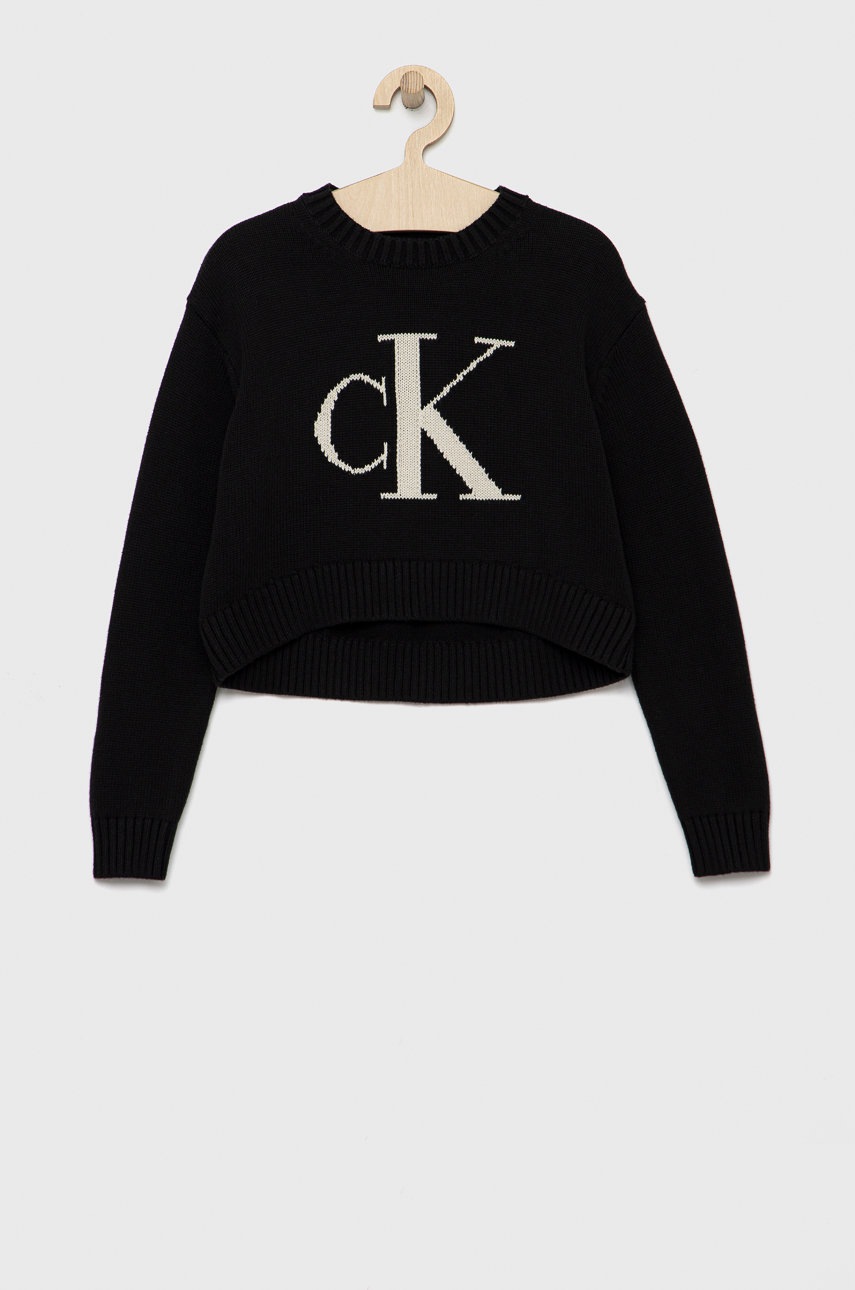 

Детски памучен пуловер Calvin Klein Jeans в черно от лека материя, Черен