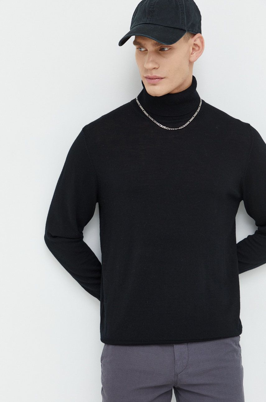 Premium by Jack&Jones sweter wełniany męski kolor czarny lekki z golferm