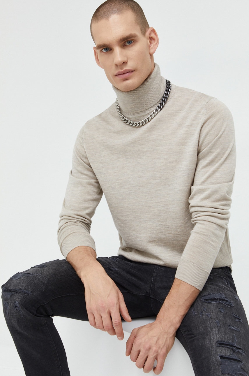 Premium by jack&jones pulover de lana barbati, culoarea bej, light, cu guler