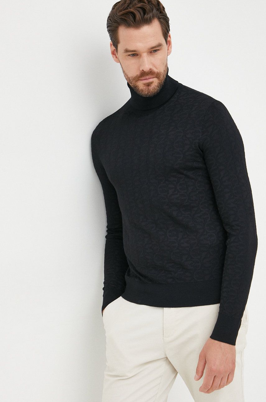 Emporio Armani pulover de lana barbati, culoarea negru, cu guler answear.ro