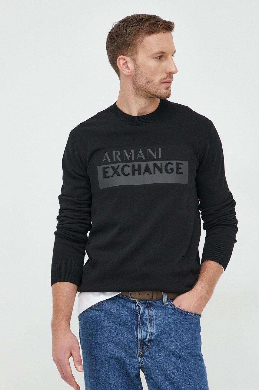 Armani Exchange pulover de bumbac barbati, culoarea negru,