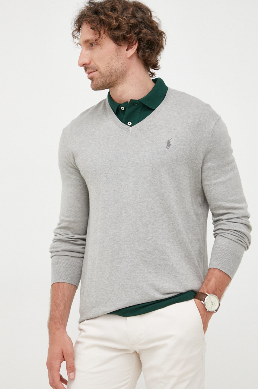 

Памучен пуловер Polo Ralph Lauren мъжки в сиво от лека материя, Сив