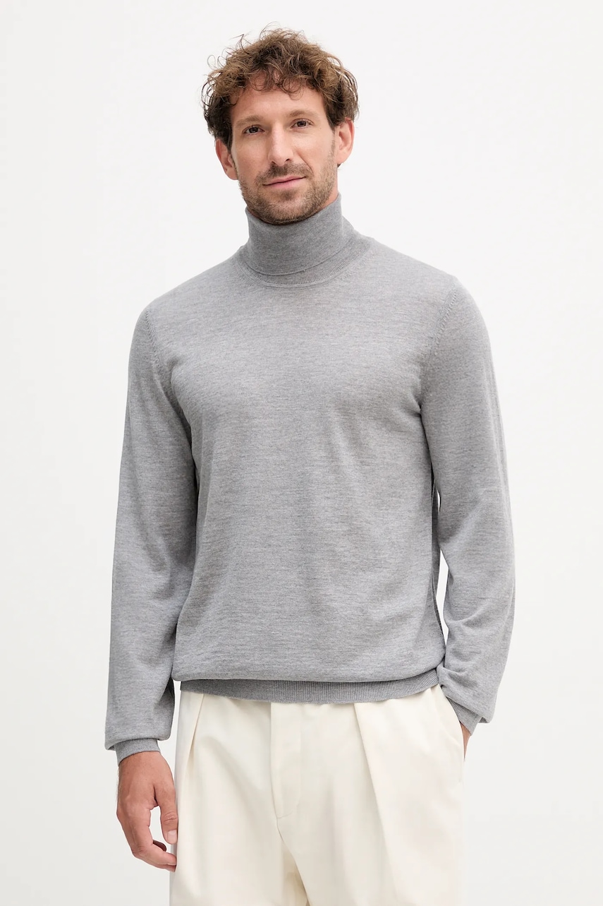 BOSS pulover de lână culoarea gri, light, cu guler, 50468262