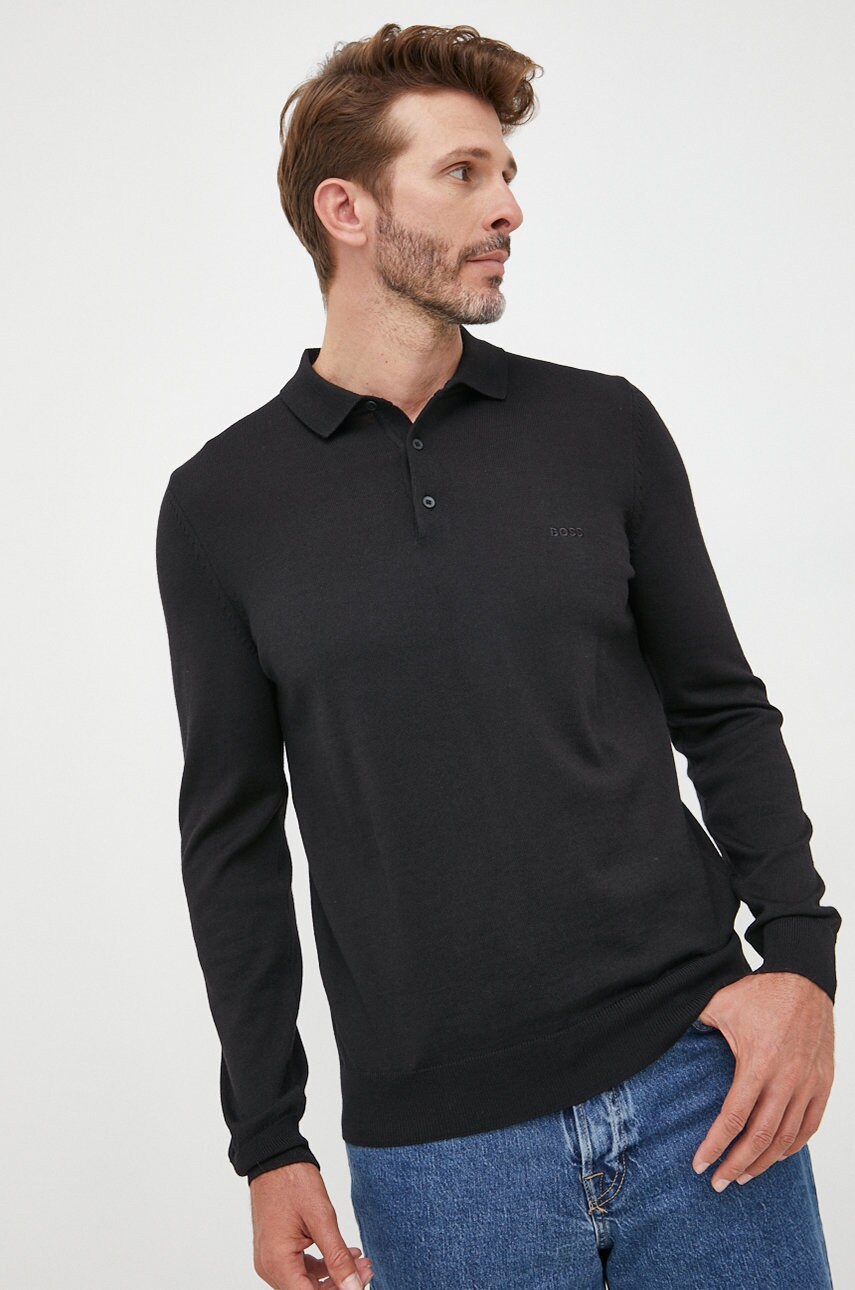 BOSS pulover de lana barbati, culoarea negru, light