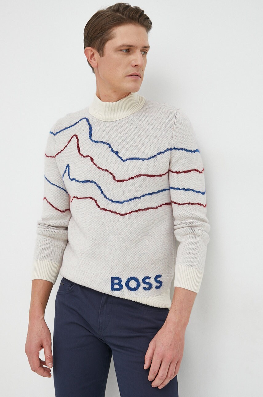 Boss pulover de lana boss casual barbati, culoarea bej,