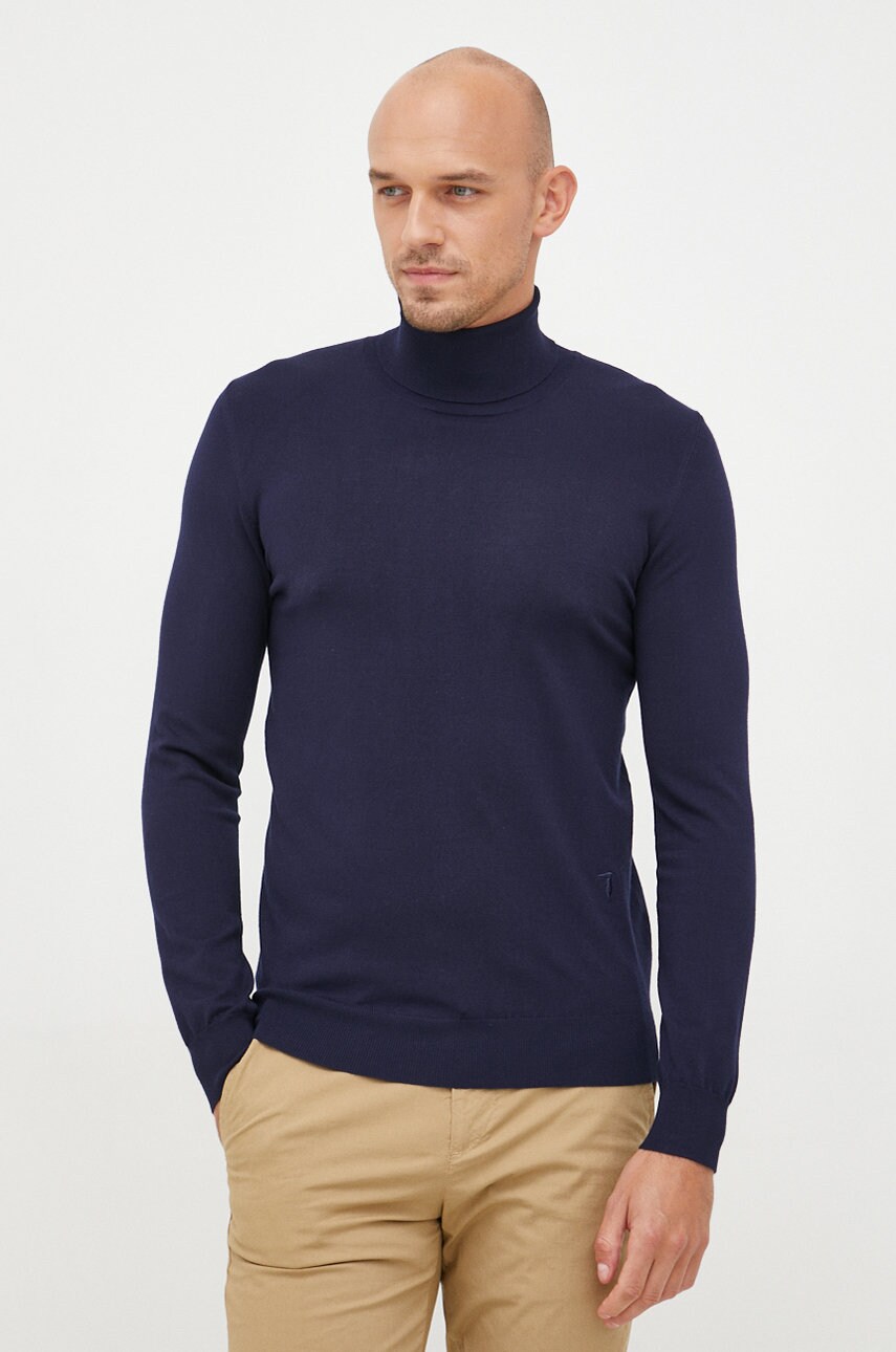 Trussardi pulover barbati, culoarea albastru marin, light, cu guler