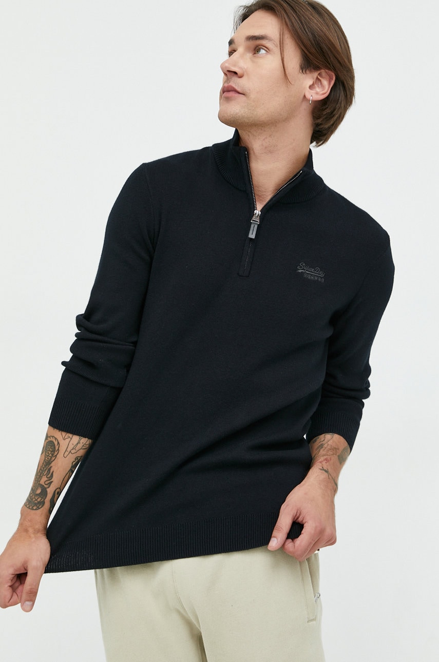 Superdry pulover din amestec de casmir barbati, culoarea negru, cu turtleneck