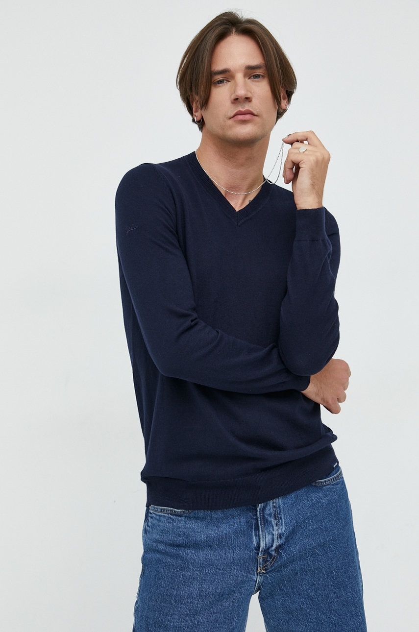 Superdry pulover din amestec de casmir barbati, culoarea albastru marin, light