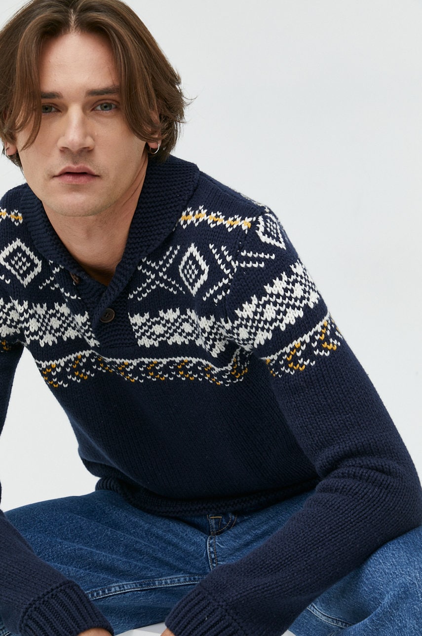 Superdry pulover din amestec de lana barbati, culoarea albastru marin, călduros