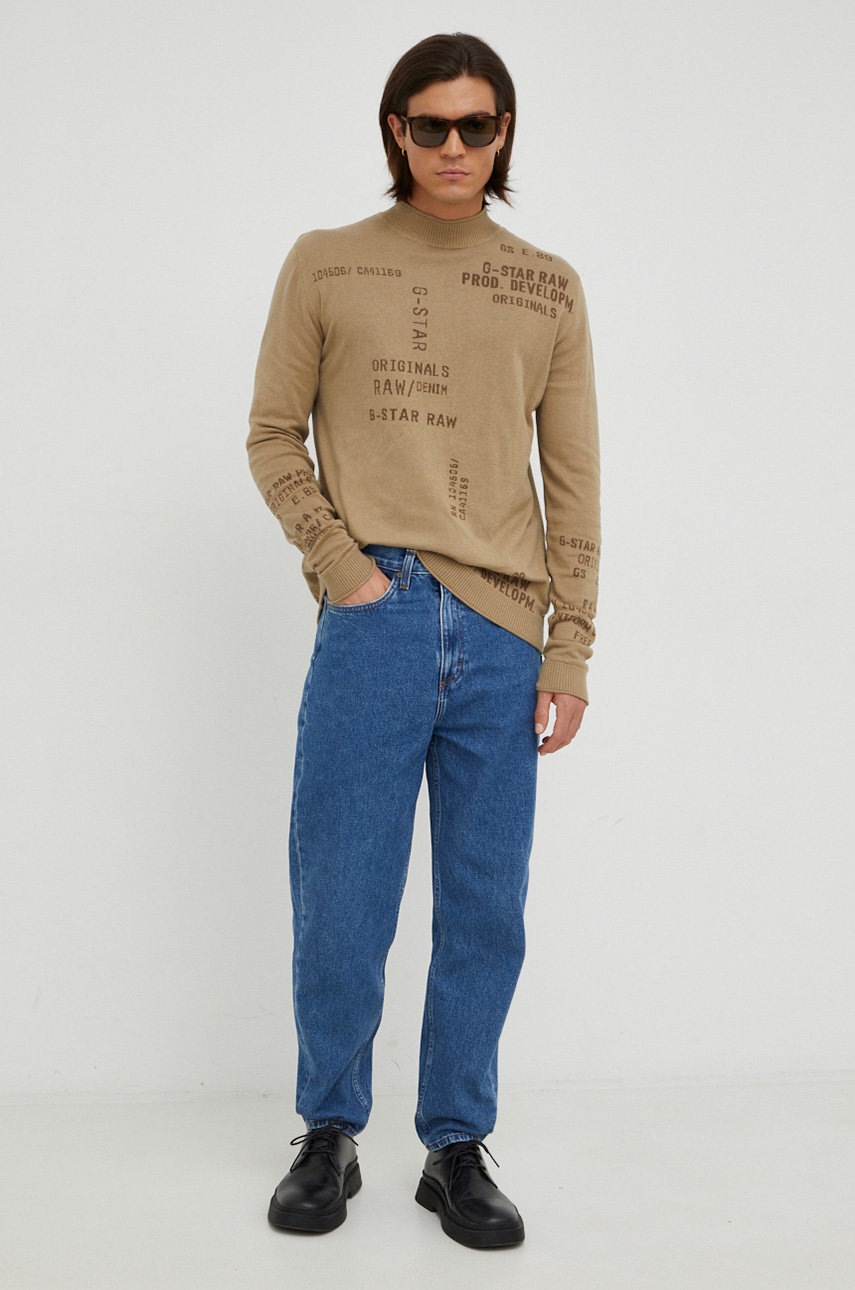 

Хлопковый свитер G-Star Raw мужской цвет зелёный лёгкий с полугольфом
