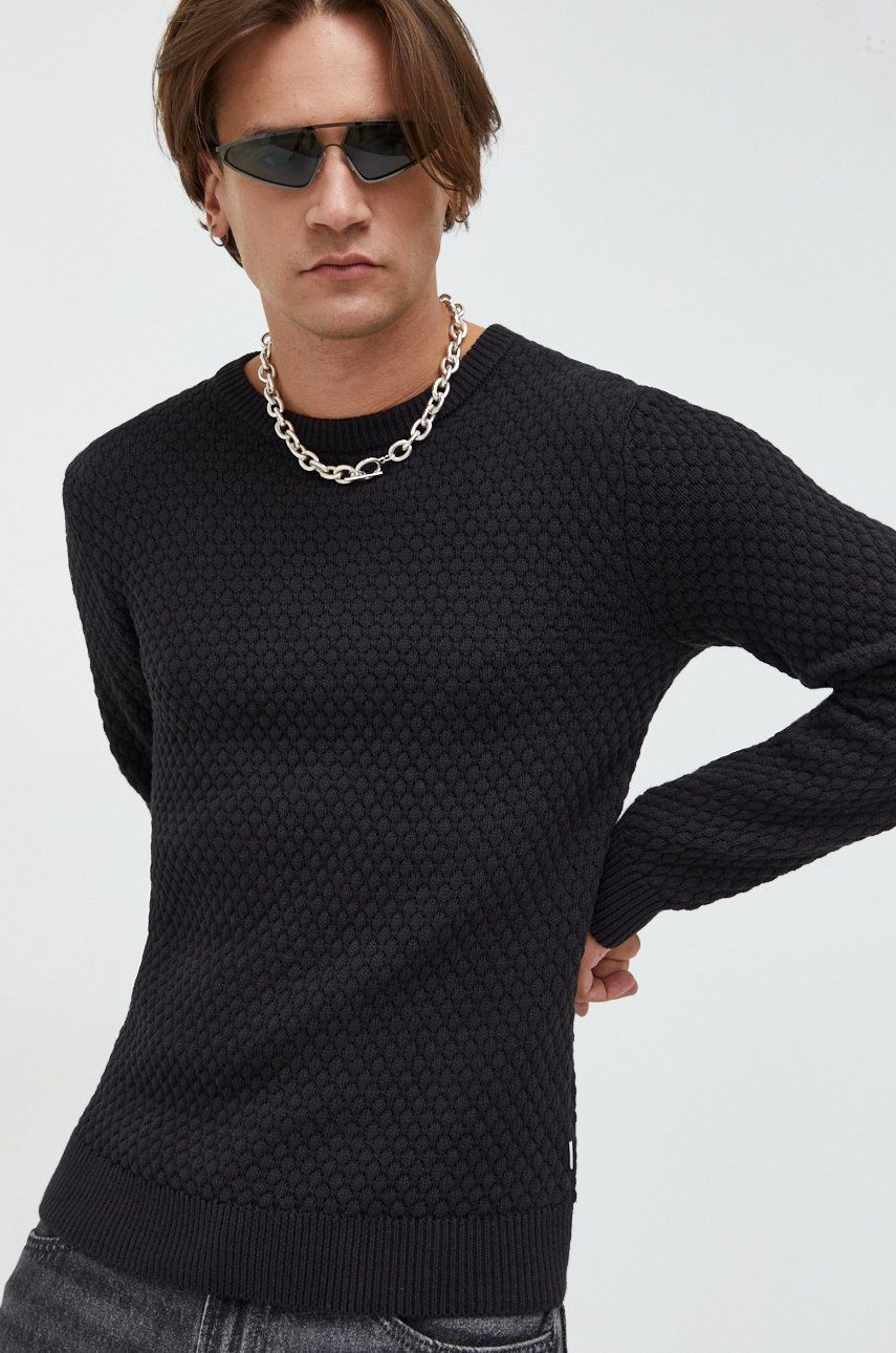Solid pulover de bumbac barbati, culoarea negru, light answear.ro imagine noua