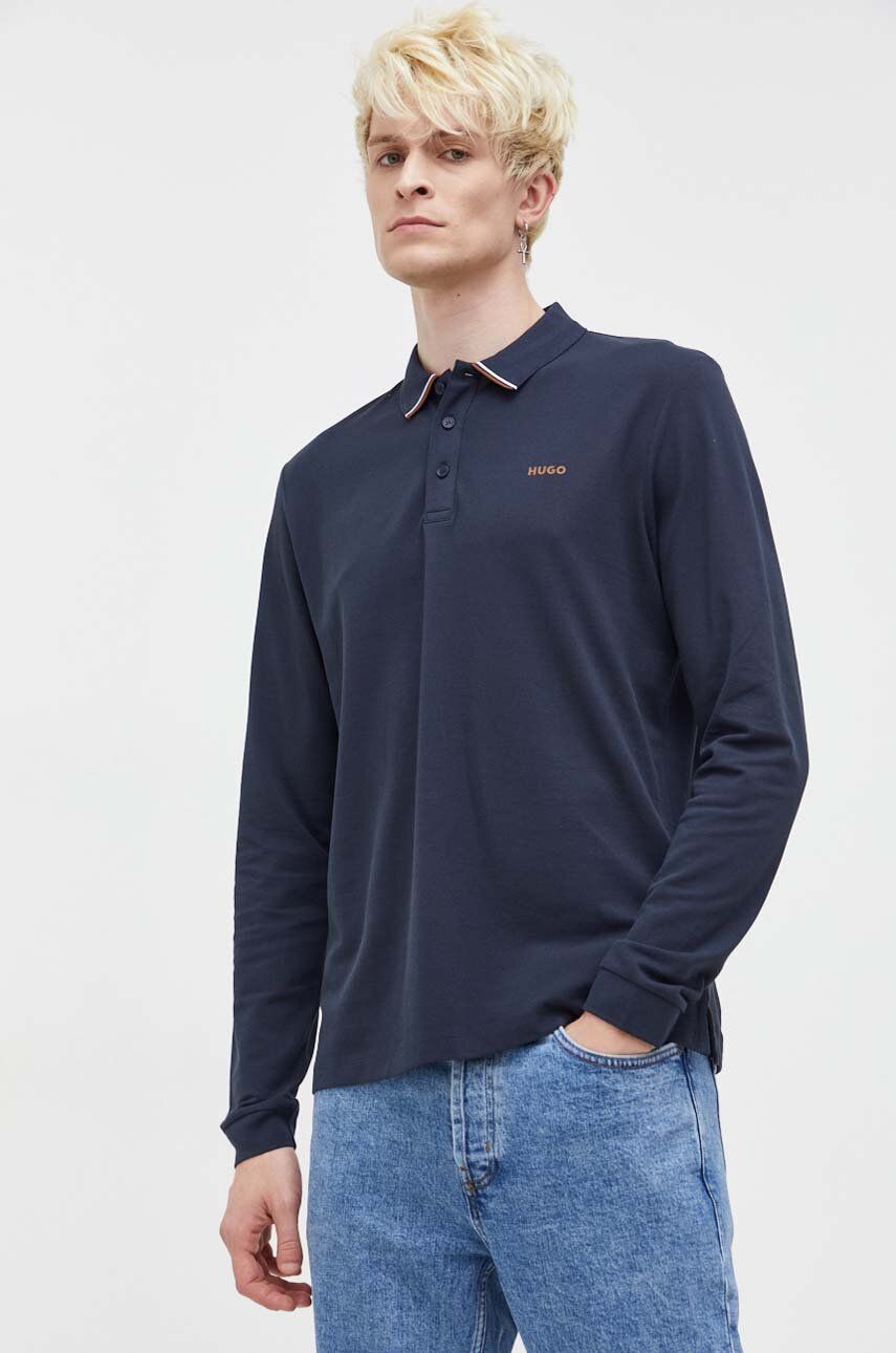 Bavlněné tričko s dlouhým rukávem HUGO tmavomodrá barva - námořnická modř - Hlavní materiál: 100 % B